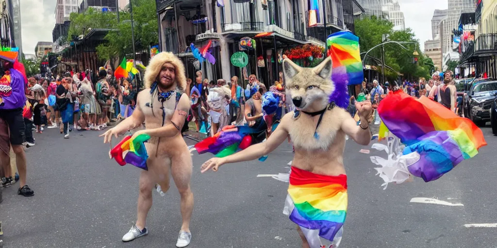 Prompt: a wolf furry on the streets of New Orleans, gay pride parade