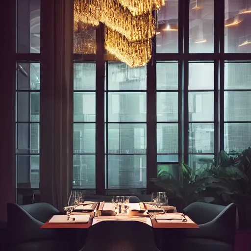 Image similar to modern high end designer restaurant at night in the foggy rain, lovers dining, symmetrical art deco office building with accent lighting, moody, epic composition, professional photograph, highly detailed, warm lighting interior, matte painting, large windows, dramatic lighting, unreal engine