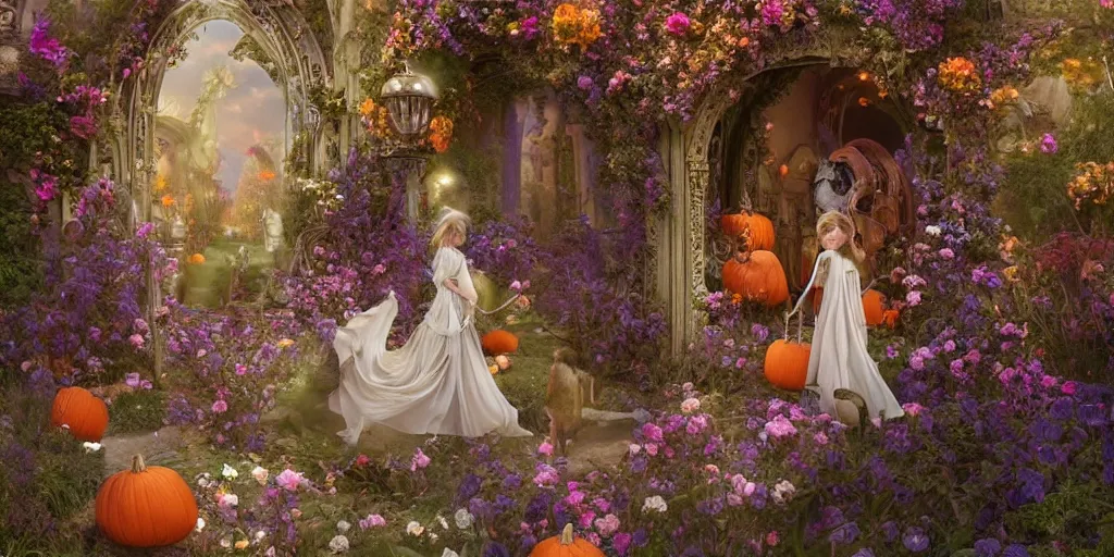 Prompt: fairytale princess with lovely detailed face entering the gates of her majestic palace of flowers , with horse driven , carriage made of pumpkins , epic scene unreal render depth of focus blur hyperrealistic detail Star Wars mucha Alice Tim burton fantasy art behance