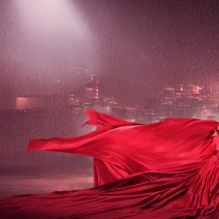 Prompt: a person enveloped in red silk cloth that blows in the wind stands in a dytopian highly detailed city at night, with volumetric lights in the distance and rain falling. atmospheric light, rendering, octane, redshift