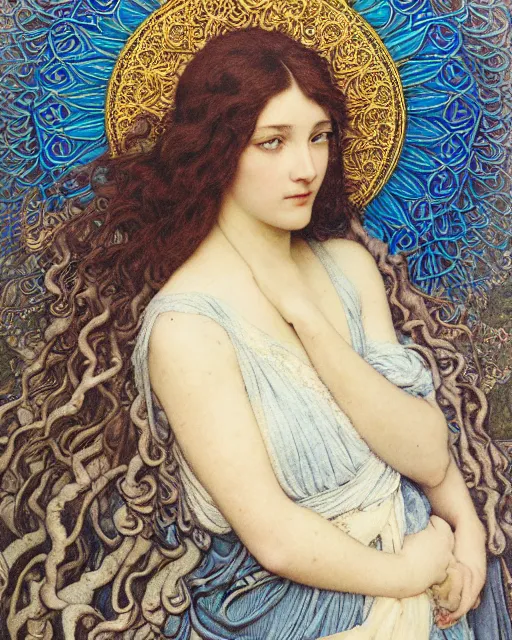 Prompt: detailed realistic face portrait of a beautiful young princess of blue crows in ornate robes, face in focus, sharp focus, by jean delville, james jean, android jones, john william godward, ernst haeckel, maxfield parrish, alphonso mucha, art nouveau, neo - classical, symbolist, visionary, pre - raphaelite