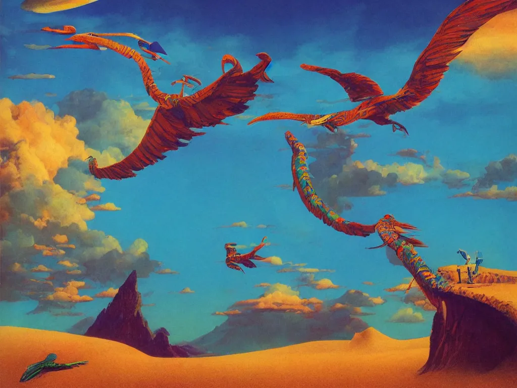 Image similar to quetzalcoatl flying over sand dunes and an ocean on a strange planet, by bruce pennington, by sam freio, by thomas rome, by victor mosquera, juxtapoz, behance, dayglo, prismatic, iridescent