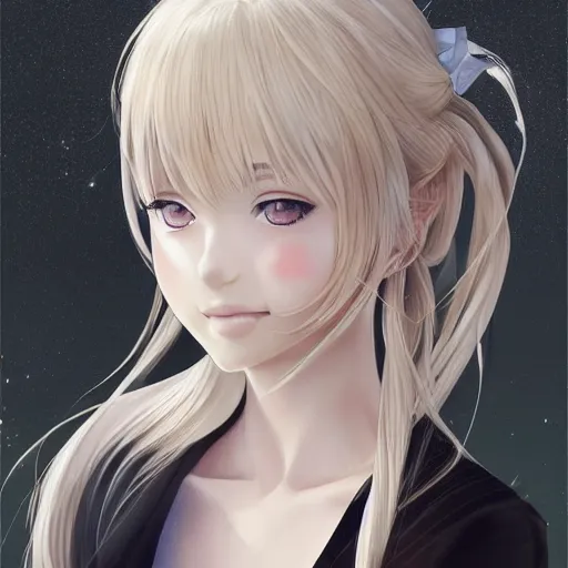 Image similar to luxury advertisement, astonishing portrait of a very beautiful anime high-school girl with blonde hair twintails, white ribbon, full perfect face, realistic, highly detailed background, artstation, 120 degree view, drawn by Sasoura, Satchely and Akihiko Yoshida, no distortion