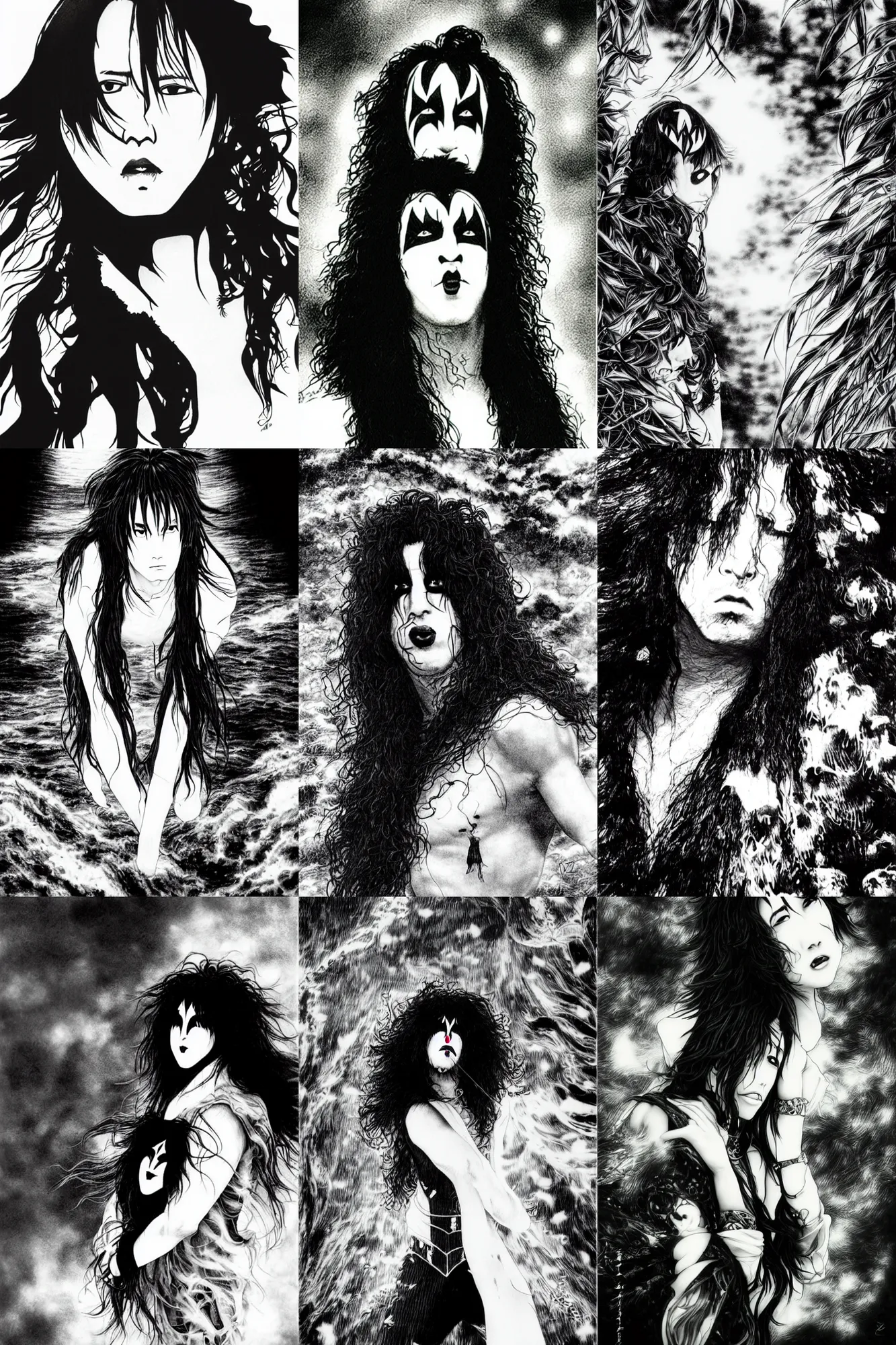 Prompt: a vertical portrait of kiss in a scenic environment by Yoshitaka Amano, black and white, dreamy, wavy long black hair, highly detailed