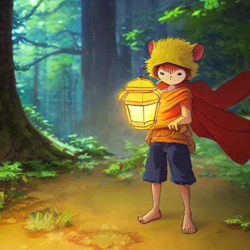 Image similar to concept art painting of an luffy chipmunk wearing a yellow cloak, holding a lantern, in the deep forest, realistic, detailed, cel shaded, in the style of makoto shinkai and greg rutkowski and james gurney