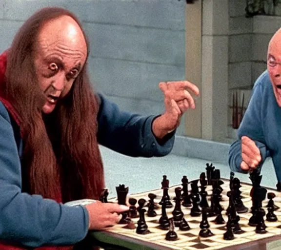 Prompt: gowron screaming angrily at the man he is playing chess with, extremely detailed, 4 k, high quality,