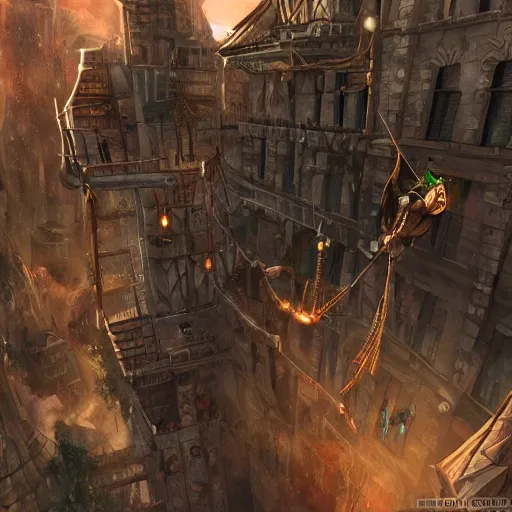 Prompt: Thieves using grappling hooks to climb a steampunk city, epic fantasy art style HD