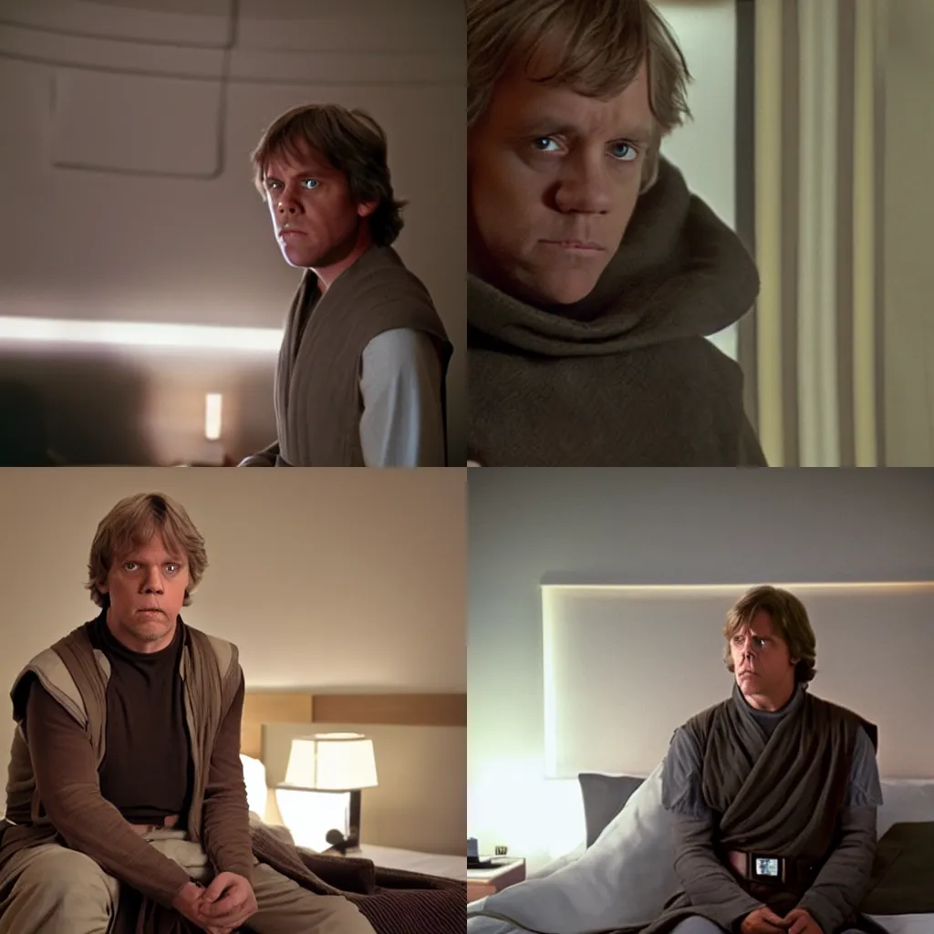 Prompt: luke skywalker in a hotel room