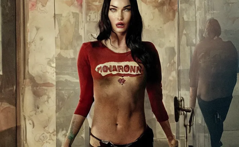 Image similar to iconic cinematic still of megan fox in sindrome 2 0 2 4, directed by guillermo del toro, written by the russo brothers and the coen brothers, art design inspired by norman rockwell and spike jonze and paul thomas anderson