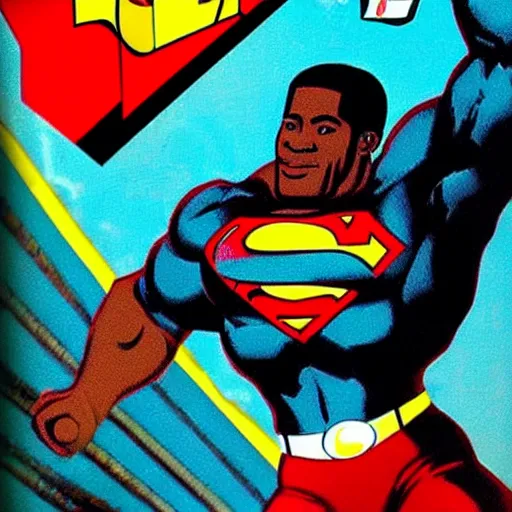 Image similar to black superman flying. super dialed. super muscled