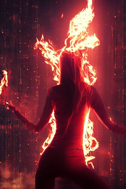 Image similar to young blonde woman from behind with flames dancing on her hands with a long jacket in a cyberpunk city, realistic, high definition, 4K, shimmering color, epic digital art