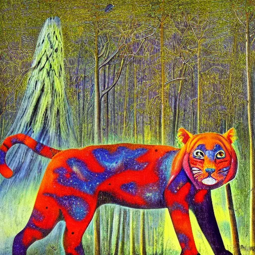 Image similar to psychedelic big cats lush pine forest, horror, scary, dark, outer space, milky way, designed by arnold bocklin, jules bastien - lepage, tarsila do amaral, wayne barlowe and gustave baumann, cheval michael, trending on artstation, star, sharp focus, colorful refracted sparkles and lines, soft light, 8 k 4 k