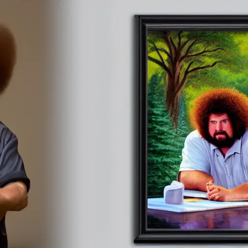 Image similar to a closeup photorealistic photograph of bob ross polishing a canvas painting of kenny powers. mountains and trees. film still. brightly lit scene. this 4 k hd image is trending on artstation, featured on behance, well - rendered, extra crisp, features intricate detail, epic composition and the style of unreal engine.