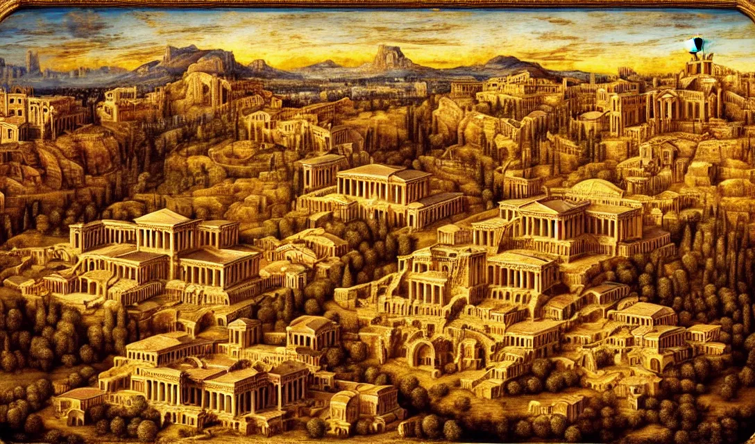 Prompt: renaissance landscape art of golden cascade from the sky afternoon. gold drenched apocalyptic acropolis.