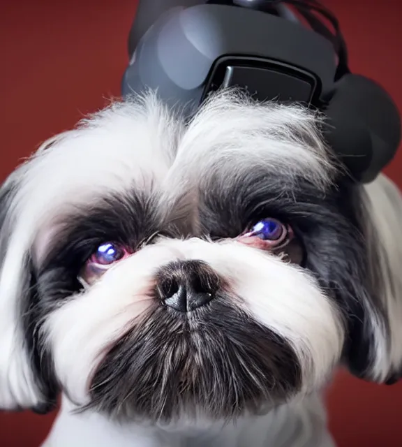 Prompt: a 4 k photorealistic photo of a black shih - tzu puppy wearing a vr headset on her head