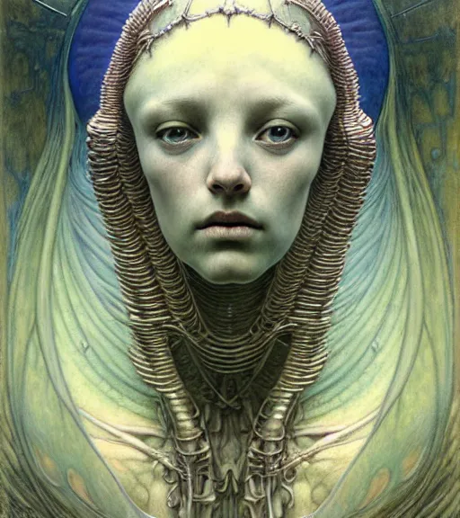 Image similar to detailed realistic beautiful young medieval alien robot grimez face portrait by jean delville, gustave dore and marco mazzoni, art nouveau, symbolist, visionary, gothic, pre - raphaelite. horizontal symmetry by zdzisław beksinski, iris van herpen, raymond swanland and alphonse mucha. highly detailed, hyper - real, beautiful