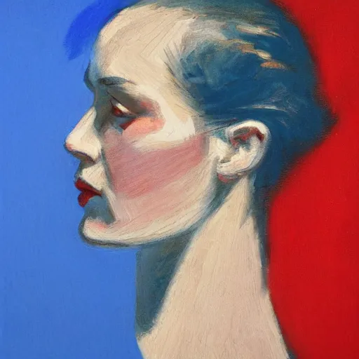 Prompt: profile portrait in czech realist style ( 1 9 5 4 ), ultramarine blue, venetian red, titanium white, modeled lighting, detailed, expressive, shadows