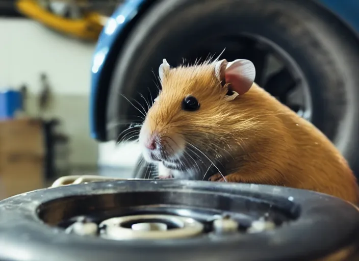 Image similar to film still of a hamster working as a mechanic in an auto shop, 8 k