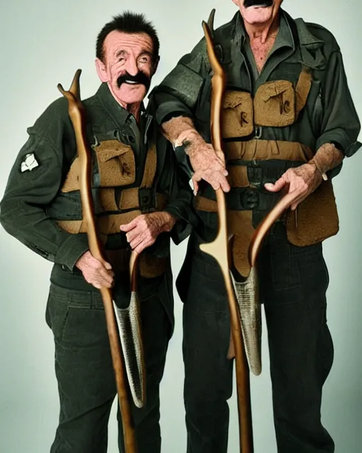 Prompt: full body 8 k photo of paul chuckle standing next to barry chuckle dressed as sas soldiers holding battle - axes, intricate, elegant, highly detailed, cinestill, dramatic lighting, sharp focus,