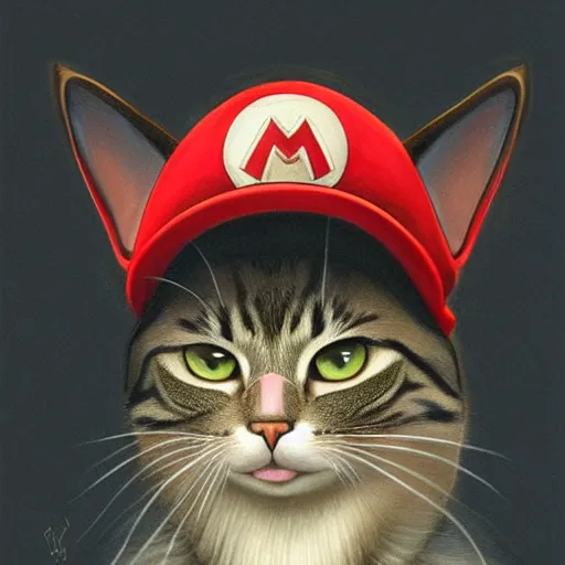 Image similar to Portrait of a Cat wearing a Mario hat, kawaii aesthetic, nintendo, highly detailed, digital painting, artstation, concept art, smooth, sharp focus, illustration, art by artgerm and greg rutkowski and alphonse mucha