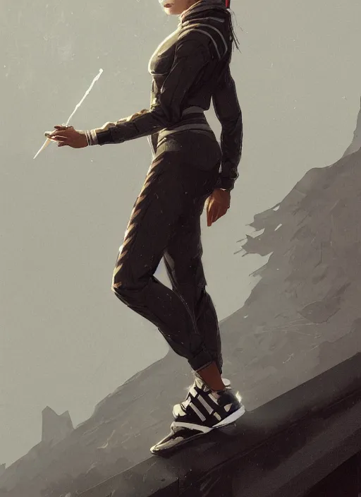 Prompt: russian slav heroine wearing an addidas tracksuit with a cigarette in hand. by greg rutkowski and wlop, detailed, cinematic, 8 k, intricate, rule of thirds.