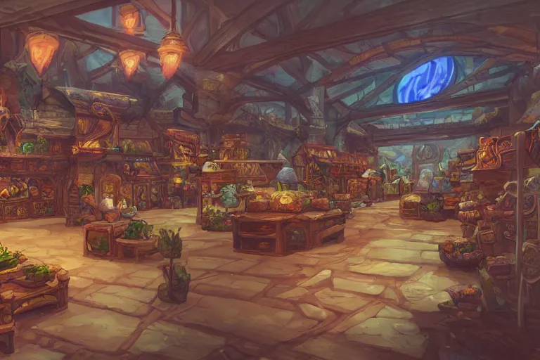 Image similar to interior wide angle shot of a fantasy coastal market place in the style of arcane league of legends, christopher c. lee, moebius, makoto shinkai