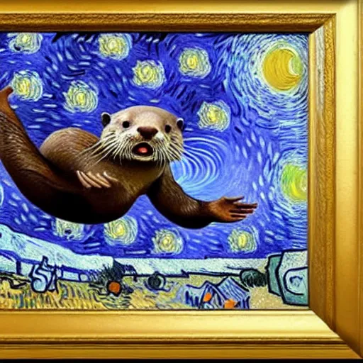 Prompt: an otter wearing vr glasses in space, oil painting, hyperdetailed, smooth, by vincent van gogh