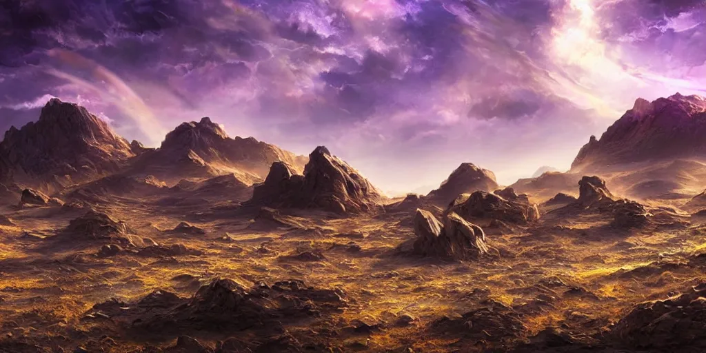 Prompt: alien landscape, wideshot, purple sky, mountains, digital art, realistic, sci fi