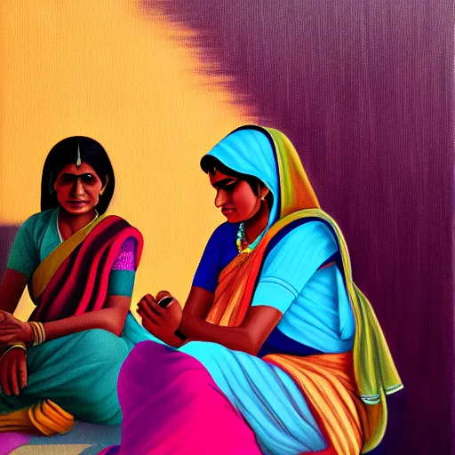 Image similar to aesthetic painting of indian rural women talking, trending on artstation, detailed digital art