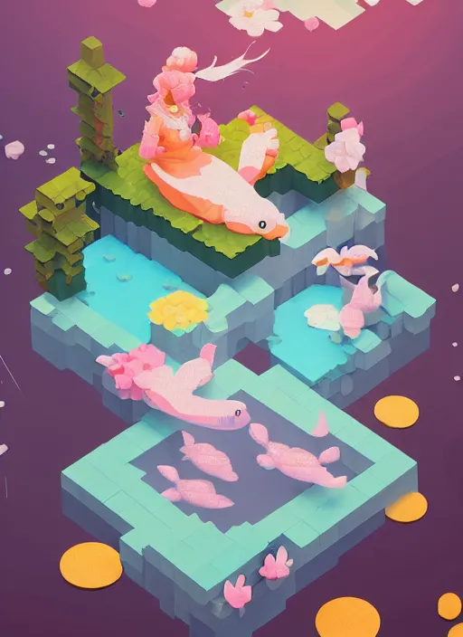 Image similar to pastel cute voxel art of a koi pond, behance, artstation, cute, Japanese, 3d render, unity, beautiful lighting, extremely beautiful, Huang Guangjian and Gil Elvgren and Sachin Teng , Greg Manchess