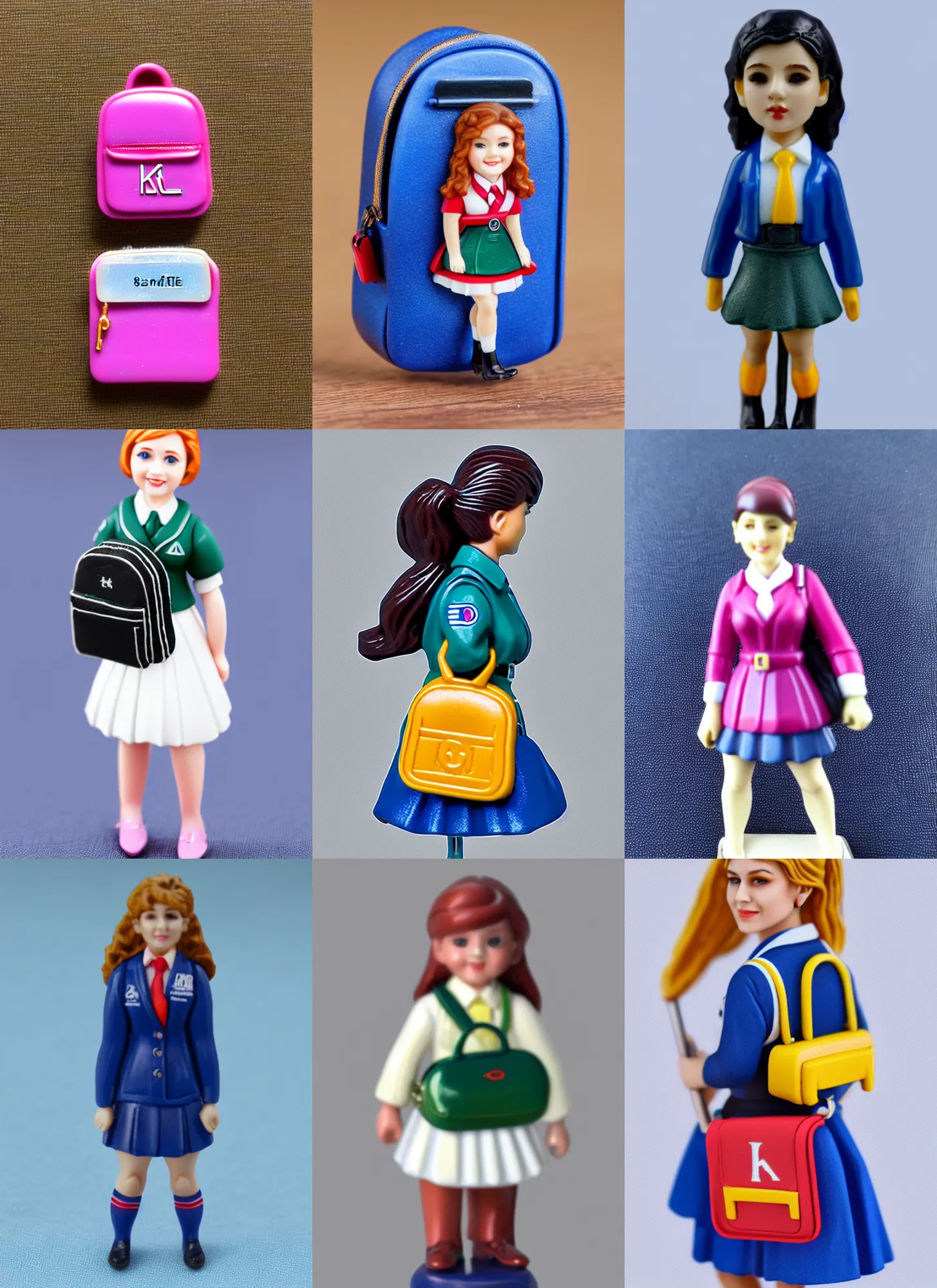 Prompt: 80mm resin detailed miniature of a female, school uniform, school bag, Company logo; Miniature product Photo, 4K, Full body