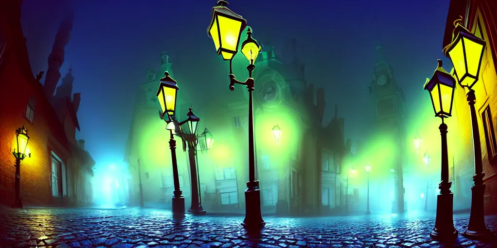 Image similar to curved perspective, extreme narrow, extreme fisheye, digital art of a night foggy street with curled victorian street lamps over cobblestone floor by anton fadeev from nightmare before christmas