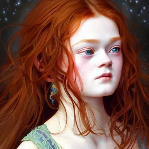 Image similar to beautiful natural Sadie Sink' intricate, elegant, highly detailed, digital painting, artstation, concept art, smooth, sharp focus, illustration, art by artgerm and greg rutkowski and alphonse mucha and loish and WLOP