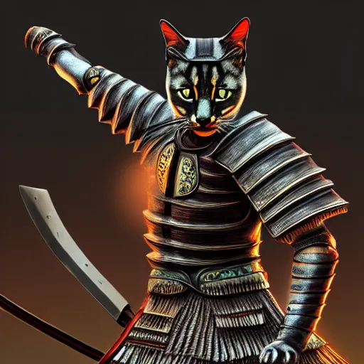 Prompt: a digital painting showing a cat warrior statue in samurai - insect armor, very detailed, trending on artstation, realistic painting. extremely detailed, insane detail, dramatic lighting, concept art