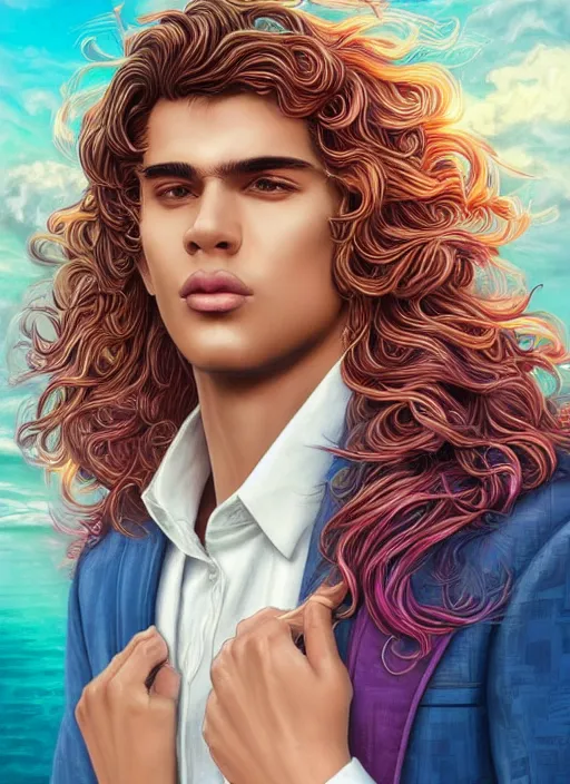 Prompt: magical, beautiful young man, wavy flowing hair, extremely detailed gorgeous face, sad eyes, tears, slim athletic body and attractive face, vaporwave aesthetic, synthwave, luxurious white suit, colorful, psychedelic, intricate, elegant, highly detailed, digital painting, artstation, concept art, smooth, sharp focus, illustration, art by artgerm and greg rutkowski and alphonse mucha