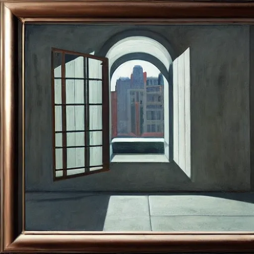 Image similar to first person view of a stark concrete maze, people peering into portholes, grant wood, pj crook, edward hopper, oil on canvas