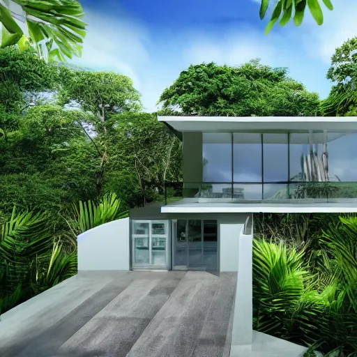 Image similar to modern house, surrounded by a lush jungle, hyper realistic, photo real, HD