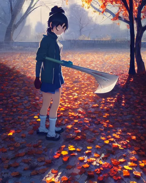 Prompt: a girl raking leaves on a cold autumn's day, full shot, atmospheric lighting, detailed face, by makoto shinkai, stanley artgerm lau, wlop, rossdraws