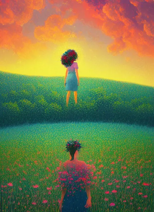 Image similar to girl with one flower head, in a field with flowers, hills, big trees, sunrise dramatic light, impressionist painting, colorful clouds, digital painting, pointillism, artstation, simon stalenhag