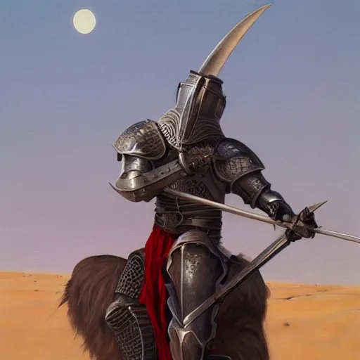 Image similar to male knight in the middle of a desert, gerald brom