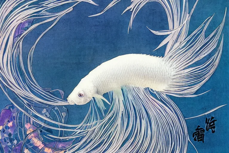 Image similar to a graceful iridescent white betta fish with long swirling fins, black-water-background, traditional Chinese painting