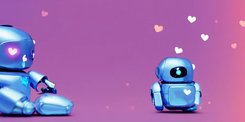 Prompt: a super cute tiny miniature realistic shiny robot typing on a keyboard with a deep blue fiber optical network in the background and lots of cute pink hearts floating around the realistic picture