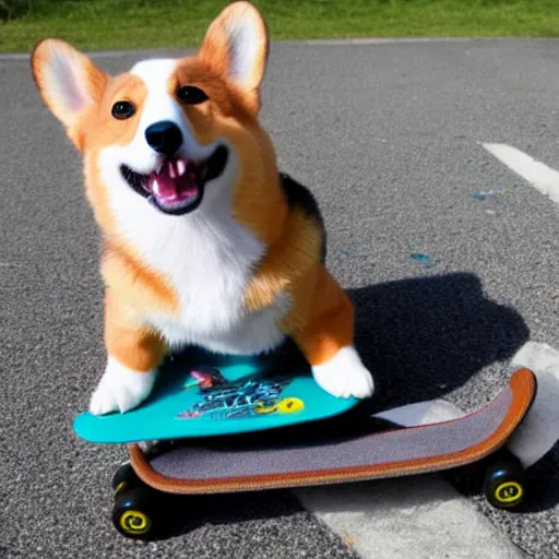 Prompt: corgi on a skateboard, cute, happy, realistic