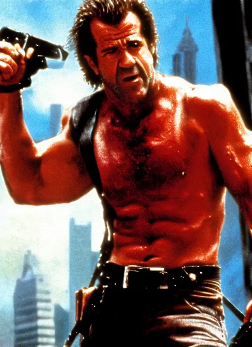 Image similar to film still of Mel Gibson as John McClane in Die Hard, 4k