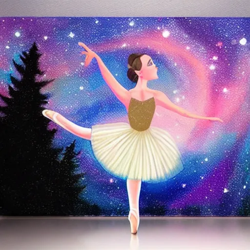 Image similar to ballerina in a dress looking at a starry sky, galaxy, beautiful, painting, highly detailed, soft light