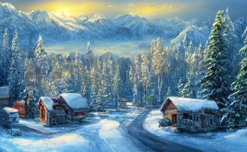 Prompt: snowy northern frontier town, tall pine forest and moutains, fantasy art