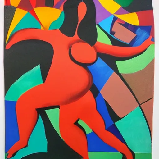 Image similar to fat latin woman dancing, brilliant sunset, cubism, texture, acrylic, no collage, no pastels