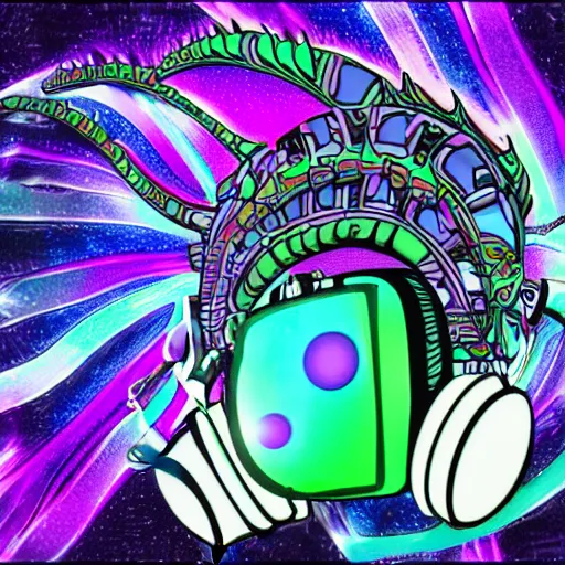 Image similar to a robot dragon listening to music with headphones, wild psychedelic digital art