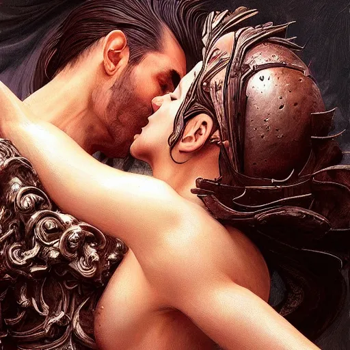 Prompt: “Super model Venus kissing hephaestus, dark, intricate, fantasy, intricate, elegant, highly detailed, digital painting, artstation, concept art, matte, sharp focus ,highly detailed, smooth, artstation, digital illustration by Ruan Jia and Mandy Jurgens and Artgerm and Wayne Barlowe and Greg Rutkowski and Frank Frazetta”