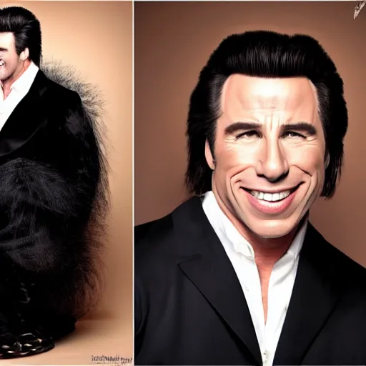 Image similar to john travolta is terk from tarzan, enjoyable smile, happy, big smile, white teeth, portrait photography, studio lighting, gorilla hair, pompadour, school picture